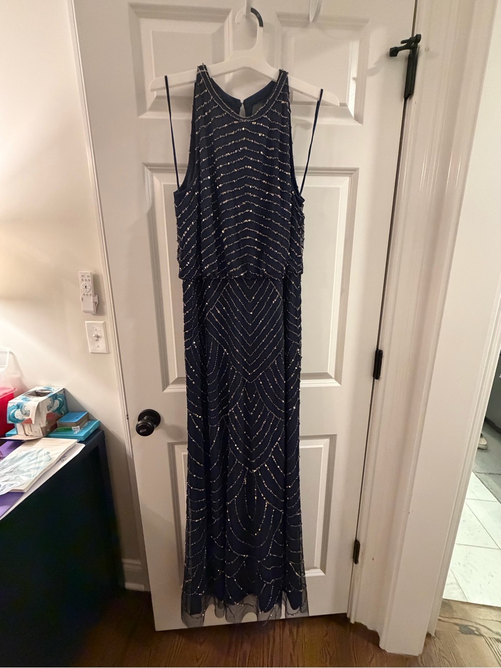 Adrianna Papell Navy Beaded Maxi Dress